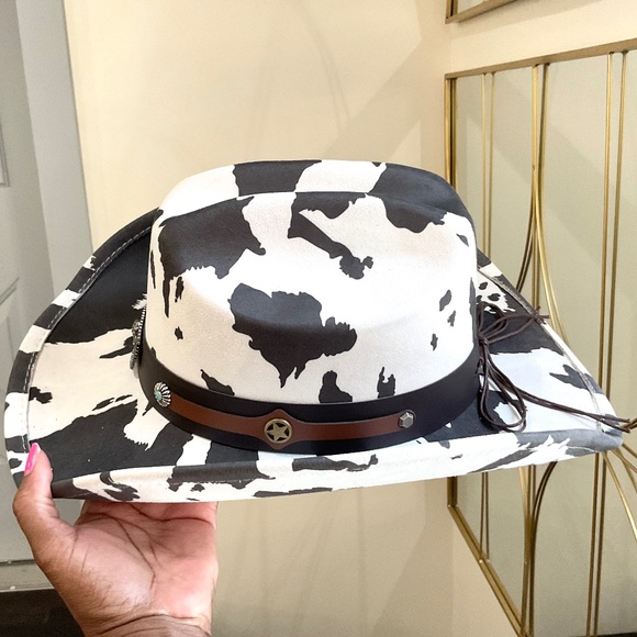 COW PRINT WESTERN LONG HORN STRAP COWBOY HAT - Picture 6 of 15